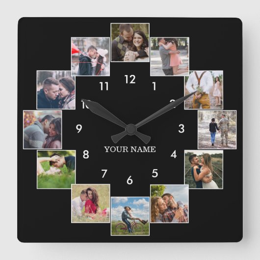 Fun Photo Collage Couple's Black Large Clock Vierkante Klok (Voorkant)