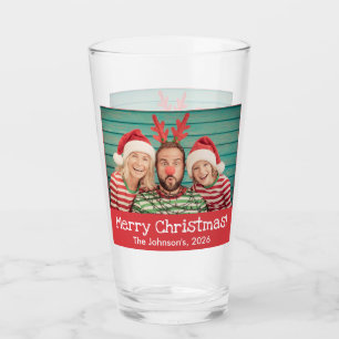 Fun Photo Merry Kerstmis Rustic Red met naam Glas