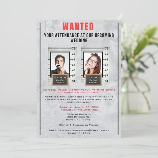 Fun Photo Mok Shot Wedding Invitation Kaart (Staand voorkant)