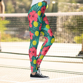 Fun Pickleball Tropical Hibiscus Flower Sports Leggings