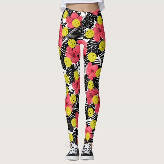 Fun Pickleball Tropical Red Hibiscus Flower Sports Leggings (Voorkant)