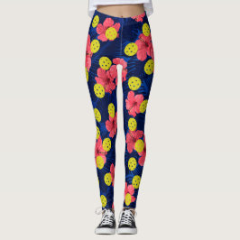 Fun Pickleball Tropical Red Hibiscus Flower Sports Leggings