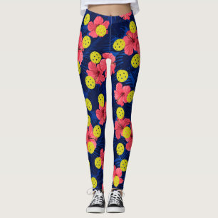 Fun Pickleball Tropical Red Hibiscus Flower Sports Leggings