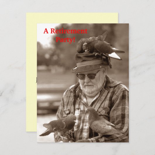 Fun Pigeons Birds Man Retirement Party Uitnodiging (Voorkant / Achterkant)