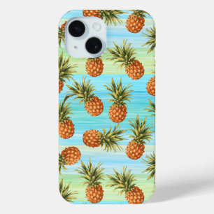 Fun PineappelfruitpatroonWaterverf Art Stripes iPhone 15 Case