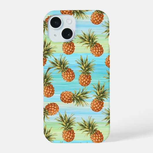 Fun PineappelfruitpatroonWaterverf Art Stripes iPhone 15 Case (Achterkant)