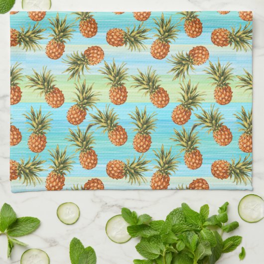 Fun PineappelfruitpatroonWaterverf Art Stripes Theedoek (Gevouwen)