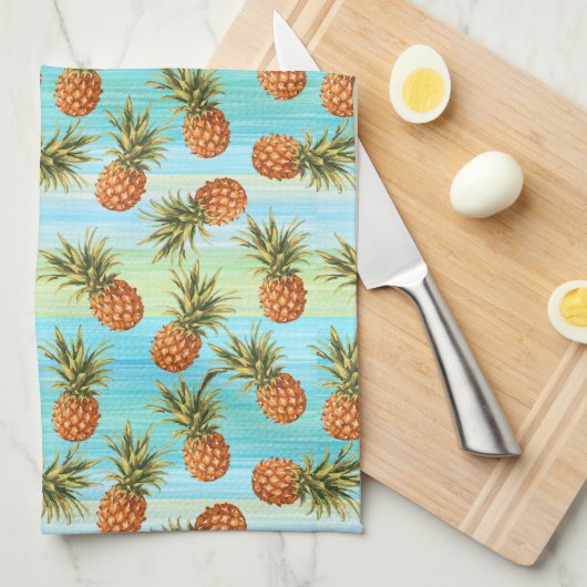 Fun PineappelfruitpatroonWaterverf Art Stripes Theedoek (Quarter Fold)