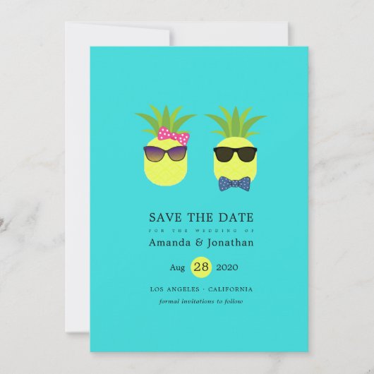 Fun Pineapples Turquoise & Lemon Tropical Summer Save The Date (Voorkant)