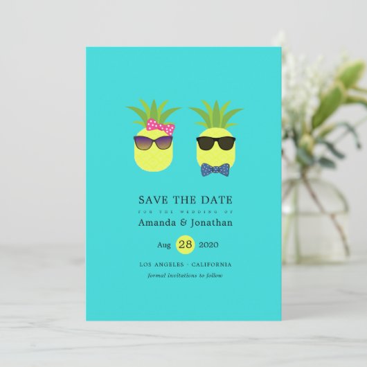 Fun Pineapples Turquoise & Lemon Tropical Summer Save The Date (Staand voorkant)