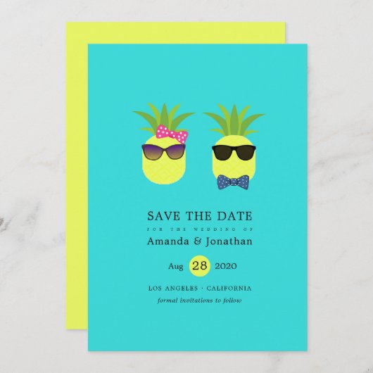Fun Pineapples Turquoise & Lemon Tropical Summer Save The Date (Voorkant / Achterkant)