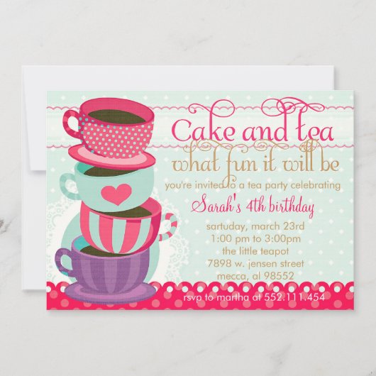 Fun Pink and Blue Cute Cups Tea Birthday Party Kaart (Voorkant)