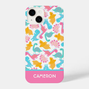 Fun Pink & Blauwgroen Dinosaur Patroon iPhone 14 Hoesje