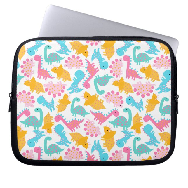 Fun Pink & Blauwgroen Dinosaur Patroon Laptop Sleeve (Voorkant)