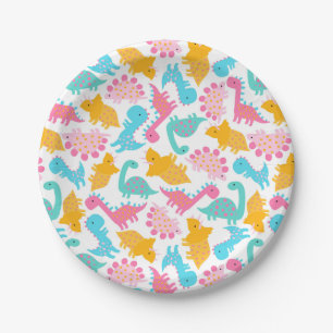 Fun Pink & Blauwgroen Dinosaur Patroon Papieren Bordje