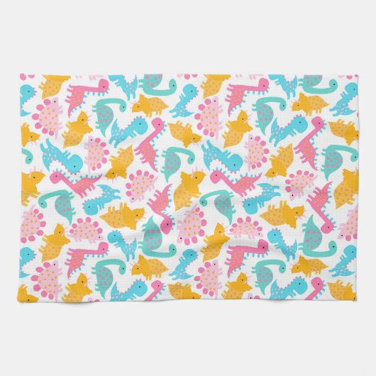 Fun Pink & Blauwgroen Dinosaur Patroon Theedoek (Horizontaal)