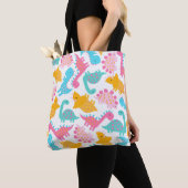 Fun Pink & Blauwgroen Dinosaur Patroon Tote Bag (Dichtbij)