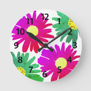 Fun Pink Blue Daisy Floral Waterverf Wall Ronde Klok