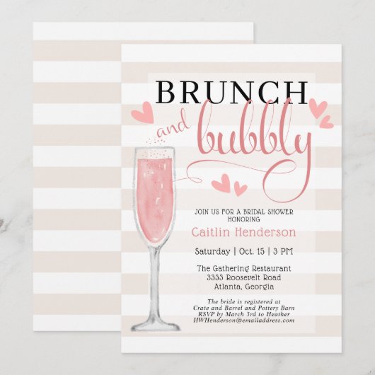 Fun Pink Brunch en Bubble Vrijgezellenfeest Invita Kaart (Voorkant / Achterkant)