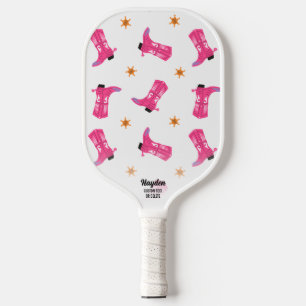 Fun Pink Cowboy Boots Gold Stars Aangepaste tekst Pickleball Paddle