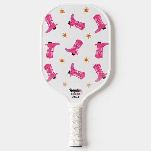Fun Pink Cowboy Boots Gold Stars Aangepaste tekst Pickleball Paddle (Voorkant)
