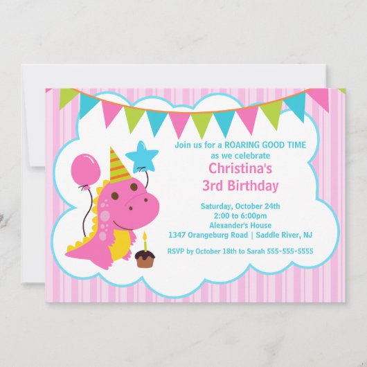 Fun Pink Dinosaurs Birthday Party Invitation Kaart (Voorkant)