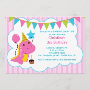 Fun Pink Dinosaurs Birthday Party Invitation Kaart