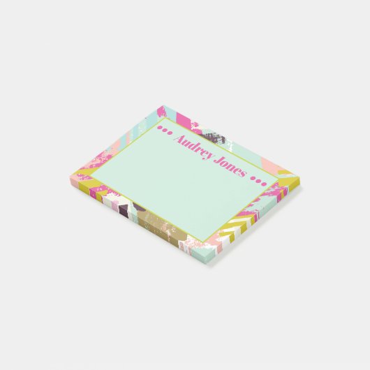 Fun Pink en Aqua Abstract Art Name Notes (Schuin)