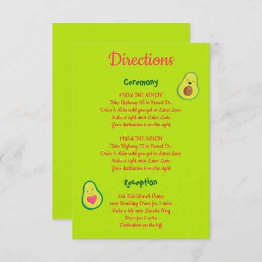 Fun Pink en Green Avocado Wedding Directions Informatiekaartje (Voorkant / Achterkant)