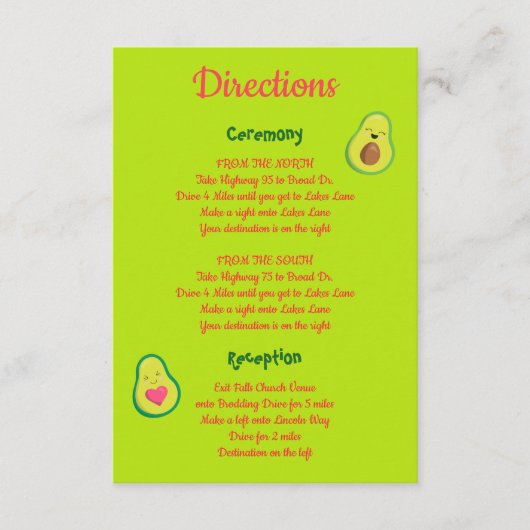 Fun Pink en Green Avocado Wedding Directions Informatiekaartje (Voorkant)
