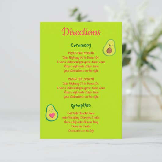 Fun Pink en Green Avocado Wedding Directions Informatiekaartje (Staand voorkant)