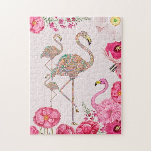 Fun Pink flamingo surreal collage met bloemen Legpuzzel (Verticaal)