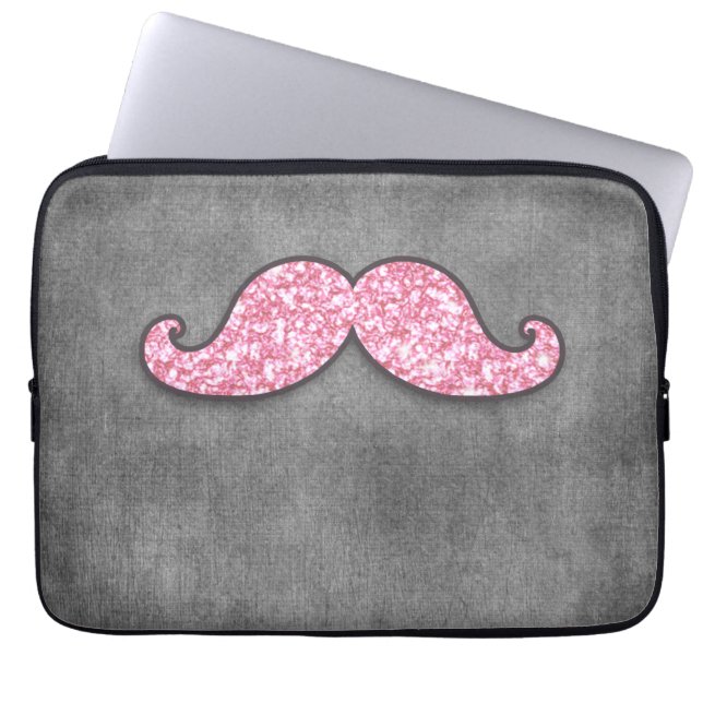 FUN PINK GLITTER MUSTACHE GRAY CHALKBOARD LAPTOP SLEEVE (Voorkant)