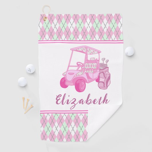 Fun Pink Golf Cart Preppy Gepersonaliseerde Dames Golfhanddoek (Insitu)
