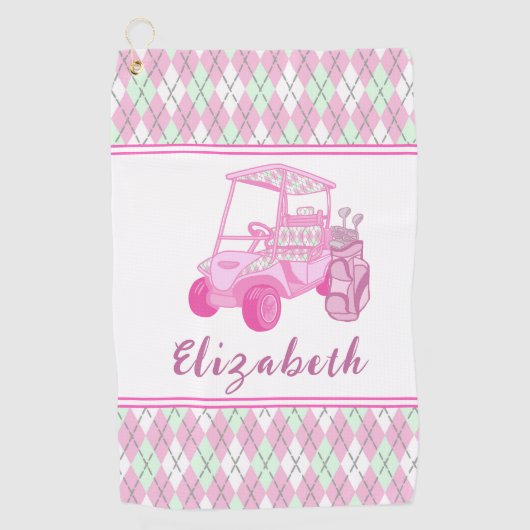 Fun Pink Golf Cart Preppy Gepersonaliseerde Dames Golfhanddoek (Voorkant)