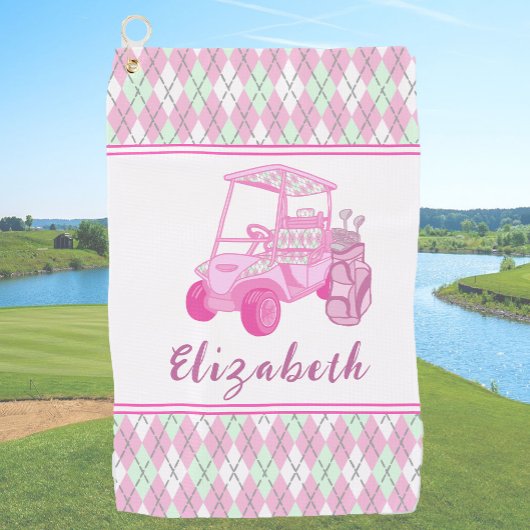 Fun Pink Golf Cart Preppy Gepersonaliseerde Dames Golfhanddoek