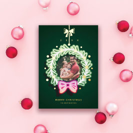 Fun Pink Green Neon licht kerstmis foto Folie Feestdagenkaart