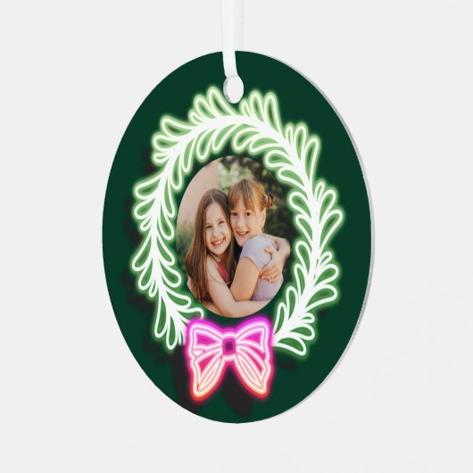 Fun Pink Green Neon licht kerstmis foto Metalen Ornament (Voorkant links)