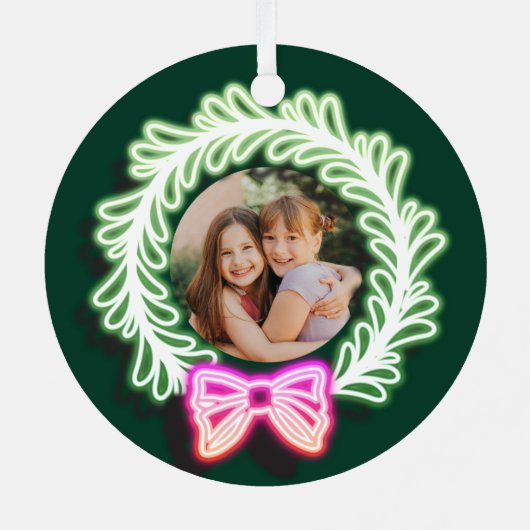 Fun Pink Green Neon licht kerstmis foto Metalen Ornament (Achterkant)
