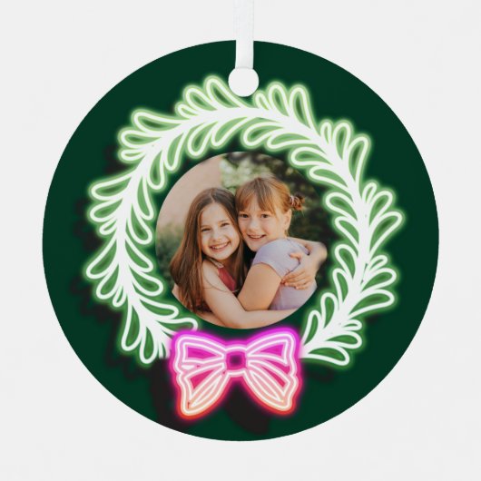 Fun Pink Green Neon licht kerstmis foto Metalen Ornament (Voorkant)