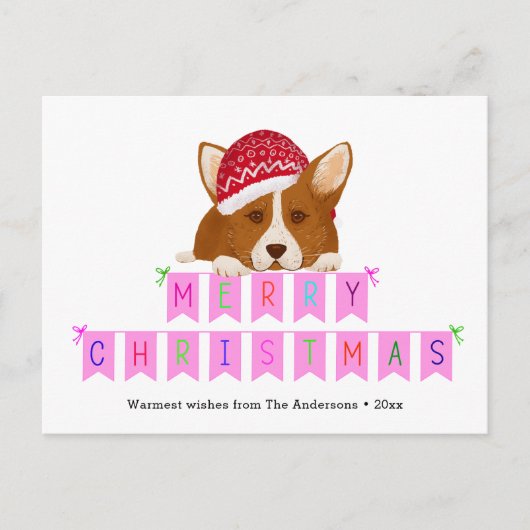 Fun Pink-kerstgebanner Red Pet Corgi Briefkaart (Voorkant)