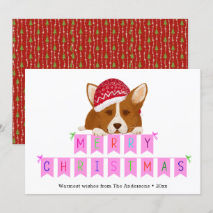 Fun Pink-kerstgebanner Red Pet Corgi Feestdagenkaart