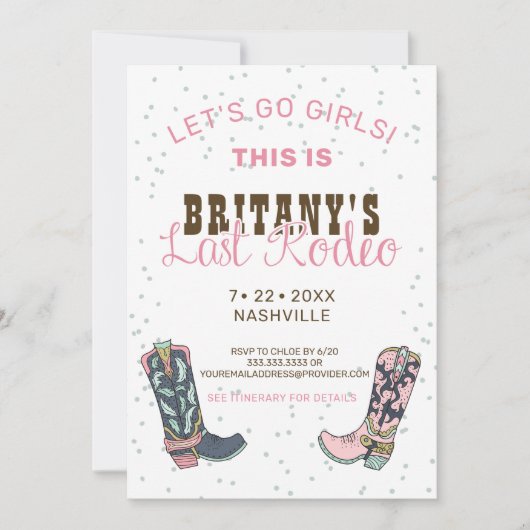 Fun Pink Last Rodeo Bachelorette Party Invitation Kaart (Voorkant)