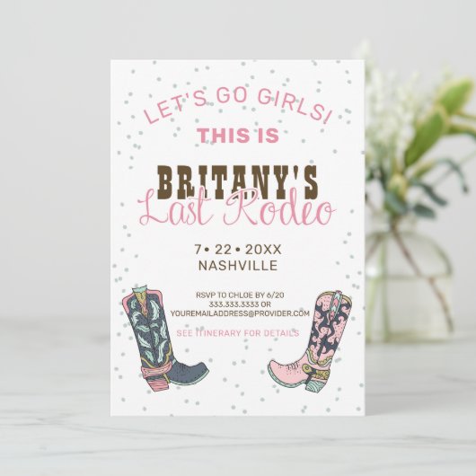 Fun Pink Last Rodeo Bachelorette Party Invitation Kaart (Staand voorkant)