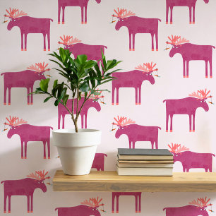 Fun Pink Moose Elk Pattern Behang