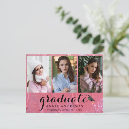 Fun Pink Natte Verf 3 Fotouitnodiging Afstuderen Briefkaart (Staand voorkant)