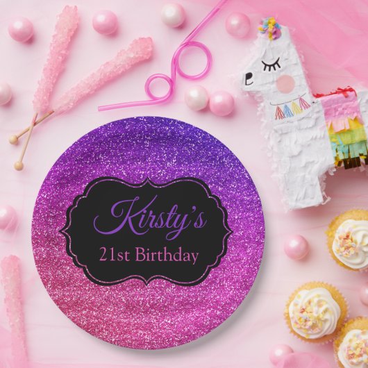 Fun Pink Paars Glitter Sparkle Birthday Papieren Bordje (Feest)