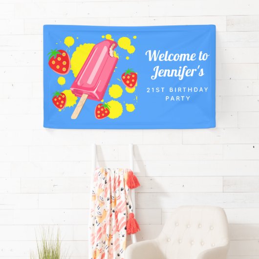 Fun Pink Popsicle and Strawberries Birthday Spandoek (Insitu)