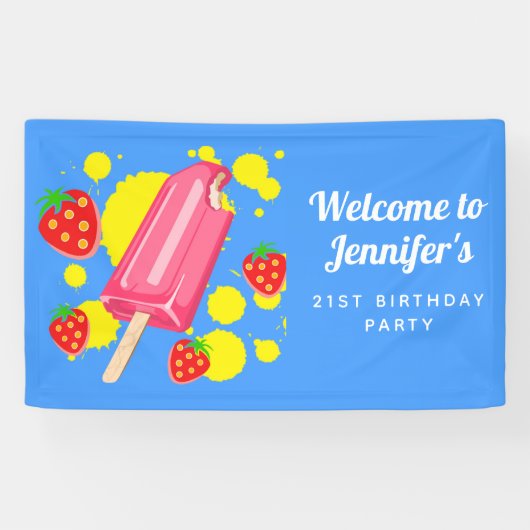 Fun Pink Popsicle and Strawberries Birthday Spandoek (Horizontaal)