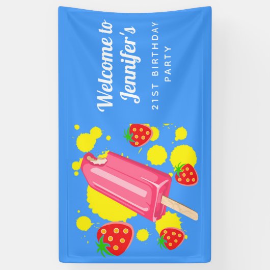 Fun Pink Popsicle and Strawberries Birthday Spandoek (Verticaal)